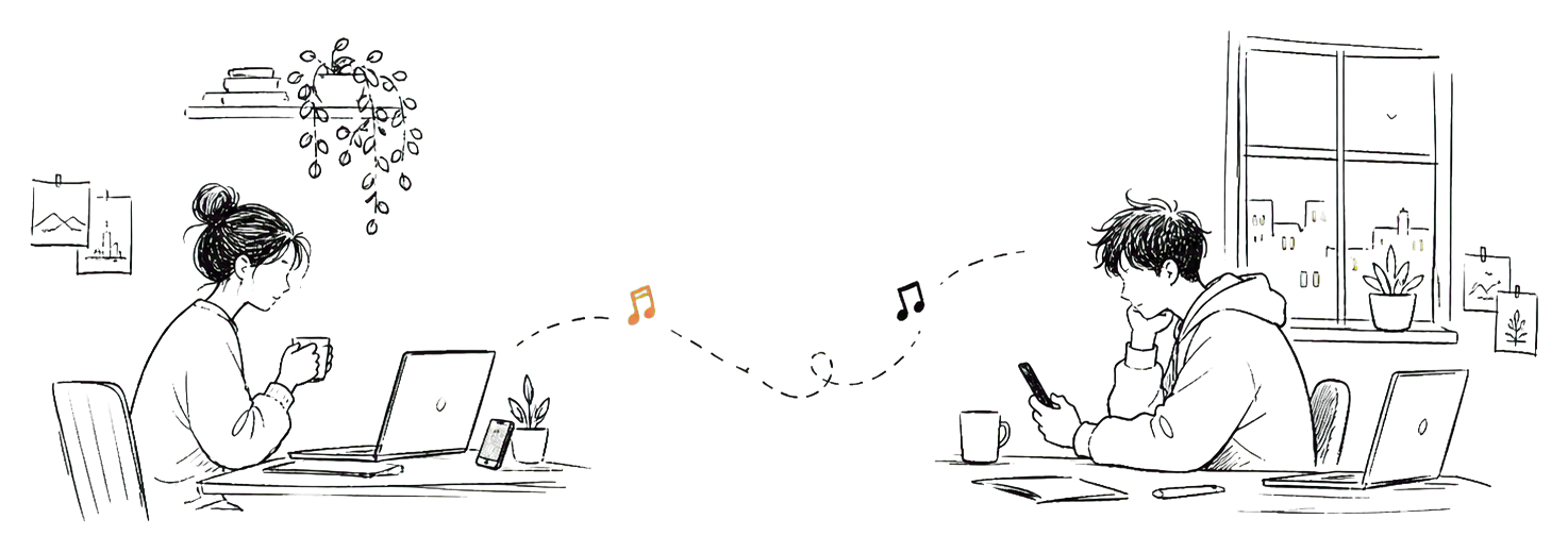 Two long-distance partners connected through music while living in separate spaces